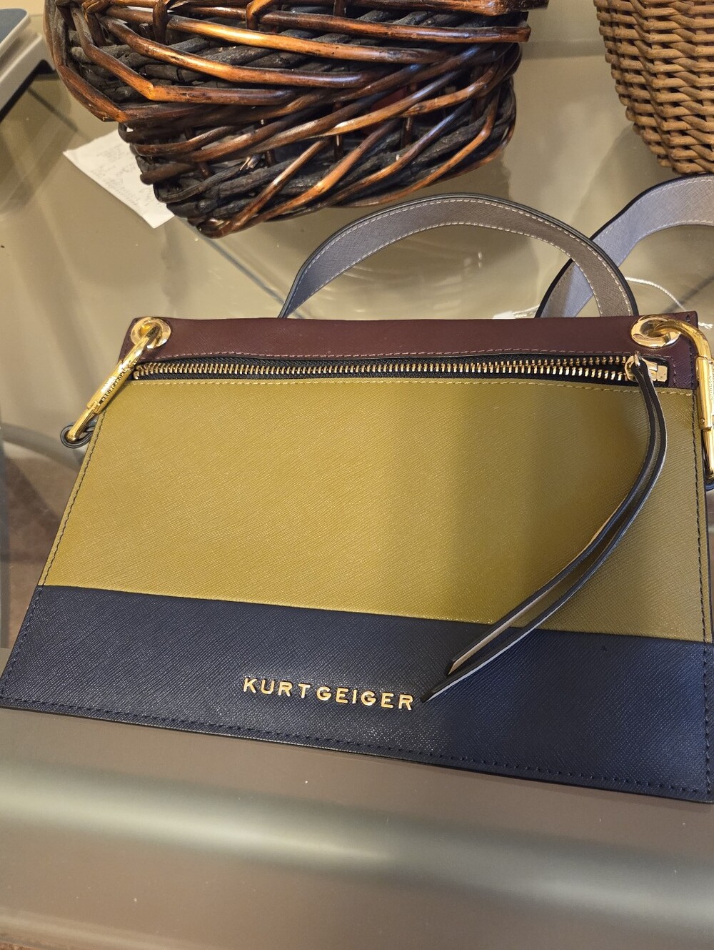 Kurt Geiger Olive, Navy & Brown Colorblock Leather Crossbody Brand New
